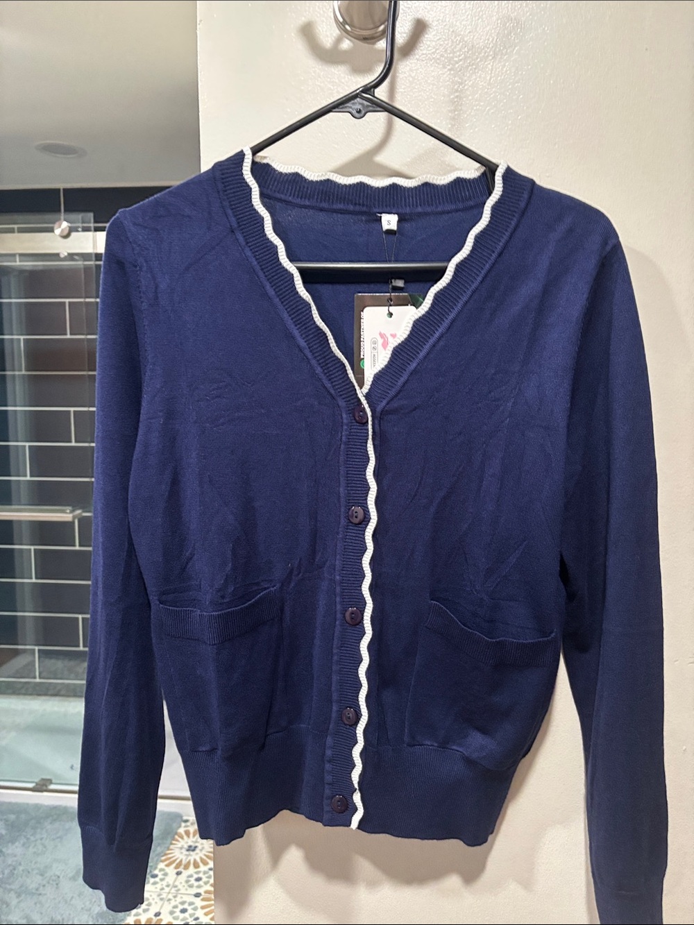 Women's Navy Blue Cardigan Sweater with White Trim